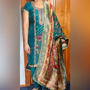 Elegant Teal peacock Embroidered Indian salwar suit